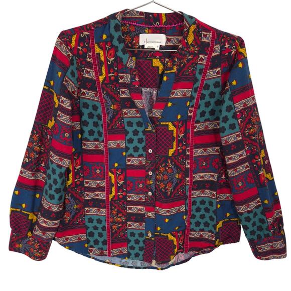 Anthropologie Shirt Womens XS Multi Patterned Roll Tab Long Sleeve Front Button - Picture 1 of 9